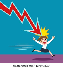 Businesswoman with failure down arrow attack, illustration vector cartoon
