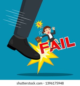 Businesswoman failure kicked by big foot, illustration vector cartoon