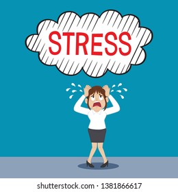Businesswoman failure with stress word, illustration vector cartoon
