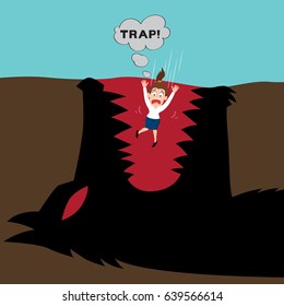 Businesswoman fall into a trap devil wolf sharp teeth, vector illustration cartoon