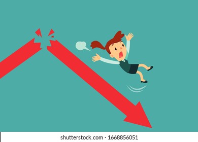 Businesswoman falling from broken arrow graph. Economic crisis business concept. svg