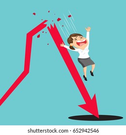 Businesswoman falling from broken down statistic arrow, falling down chart business concept