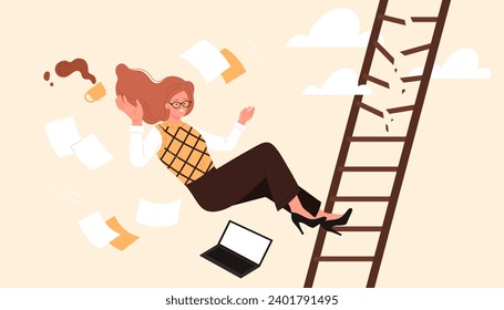 Businesswoman falling from career ladder. Woman flying down stairs due to broken steps, fail and professional crisis of lady among chaos of business documents and laptop cartoon vector illustration