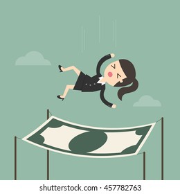 Businesswoman Falling Into A Financial Safety Net. Business Concept Cartoon Illustration.