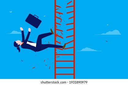 Businesswoman Falling Off The Corporate Ladder - Business Failure And Missed Opportunity Concept. Vector Illustration.