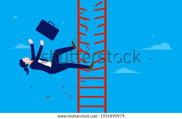 Businesswoman\
falling off the corporate ladder - Business failure and missed\
opportunity concept. Vector\
illustration.
