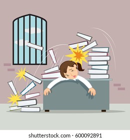 Businesswoman with falling papers work, vector illustration cartoon