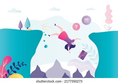 Businesswoman falls from cliff into abyss with stones. Entrepreneur fails on way to goal. Business failures and unsuccessful projects. Woman went bankrupt due to economic crisis. Vector illustration