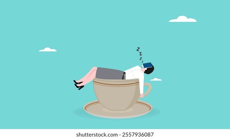 businesswoman fast asleep in a large coffee cup vector illustration. time to take a break concept. coffee break time to relax and refresh from long stress. exhausted worker relaxing in big coffee cup