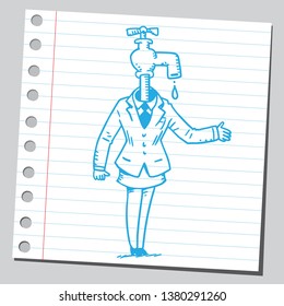 Businesswoman with faucet instead of her head. Sketch style illustration on sticky note.