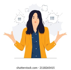 Businesswoman feeling angry with brain explosion stressed, shocked, surprise face, angry and frustrated. Fear and upset for mistake concept illustration