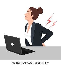 Businesswoman Feeling Back Pain on Waist Area while Working. Flat vector illustration isolated on white background