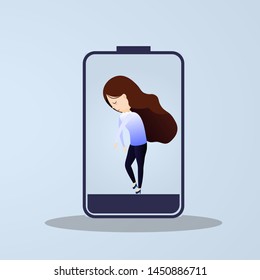 Businesswoman feeling tired and low power battery. Vector flat cartoon illustration