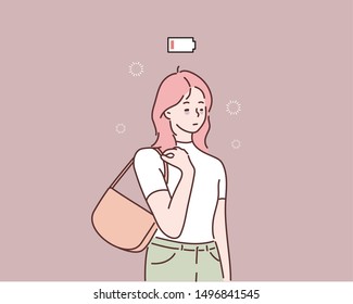 Businesswoman feeling tired and low power battery. Hand drawn style vector design illustrations.