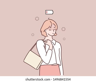 Businesswoman feeling tired and low power battery. Hand drawn style vector design illustrations.