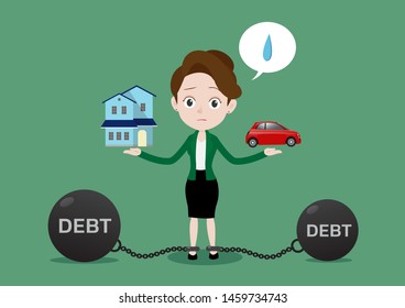 Businesswoman feels stressed about a big debt weight from bought house and car, Cartoon vector illustration