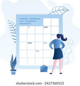 Empresaria o empleada planifica su horario y citas para el mes. Gestión y optimización del tiempo, planificación. Gran calendario y vista posterior de la mujer. Ilustración vectorial de estilo moderno