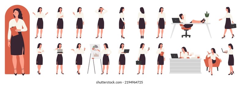 Businesswoman, Female Office Worker Set Vector Illustration. Cartoon Professional Woman Entrepreneur Talking And Walking, Lady Standing In Different Poses, Front, Back And Side View Isolated White