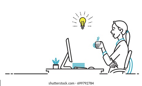 Businesswoman, female office worker, sitting, happy and smiling, holding and drinking hot coffee, thinking and getting idea. Outline, thin line art, linear, hand drawn sketching style, simple design. 