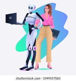 businesswoman with female robot using laptops artificial intelligence technology concept