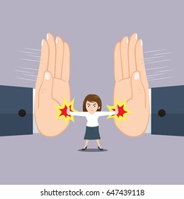 Businesswoman fighting big hand pressure, under pressure concept