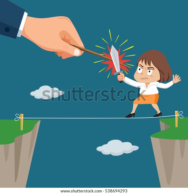 Businesswoman fighting huge hand\
while walking balancing on the rope, vector illustration\
cartoon