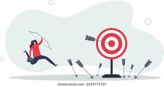 businesswoman finally hit target after too many unsuccessful tries.flat vector illustration.