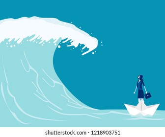 Businesswoman find barriers to success. Concept business vector illustration, Paper boat, Tsunami Wave, Challenge.