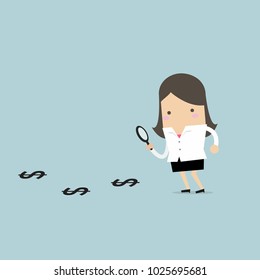 Businesswoman finding money. vector