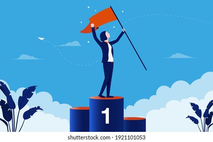 Businesswoman at first place - Woman with flag in hand standing on podium celebrating her triumph. Female winner and success concept. Vector illustration.