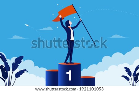 Businesswoman at first place - Woman with flag in hand standing on podium celebrating her triumph. Female winner and success concept. Vector illustration.