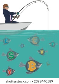 businesswoman fishing in a boat on water for different types of currency