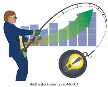 businesswoman fishing for ideas to increase business growth with bar graph and arrow pointing up isolated on a white background