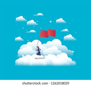 businesswoman with flag competing in the sky