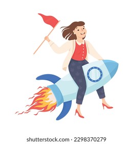 Businesswoman with flag flying on rocket. Business success, creative idea, innovation, start up concept cartoon vector illustration