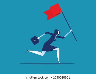 Businesswoman with flag running. Concept business vector illustration. Flat design style.