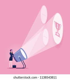 Businesswoman with flashlight and trophy. Business concept. Businesswoman concept winner success. Business woman character vector