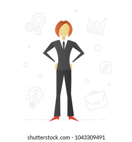 Businesswoman flat character design. Business analyst. Politician, office worker, clerk, marketer. Vector isolated illustration