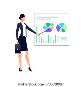Businesswoman in a flat style isolated on white background. Office worker making a presentation of the project. Manager standing with pointer in hand near the stand with charts. Vector illustration.
