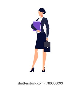 Businesswoman in a flat style isolated on white background. Office worker standing with a folder in hand. Vector illustration.