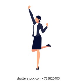 Businesswoman in a flat style isolated on white background. The office worker jumps for joy. Vector illustration.
