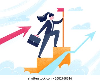 Businesswoman in a flat style. Successful business woman climbed up the career ladder. Feminists power. Vector stock illustration with up arrow chart in clouds isolated on white background. 