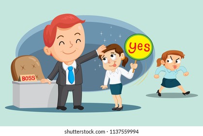 Businesswoman with flatter her boss, illustration vector cartoon