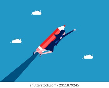 Businesswoman flies with a pencil. Business development through creativity