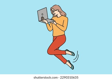 Businesswoman float in air work on computer. Smiling woman employee levitate busy with laptop job. Freelance and employment freedom. Vector illustration. 