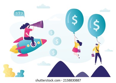 Businesswoman fly on rocket and searching sponsor to finance startup. Investors flying on big money balloons. Business development, crowdfunding. Startup launch, fundraising. Flat Vector illustration