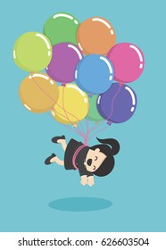 businesswoman flying with balloons over
