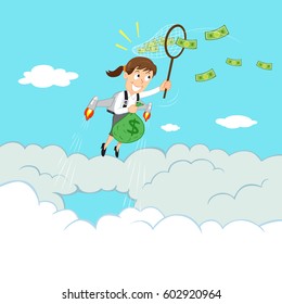 Businesswoman flying with jetpack to catch flying money, vector illustration cartoon
