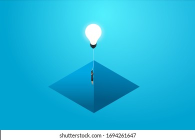 Businesswoman flying with lightbulb up gap and business solution, creative idea concept illustration vector