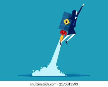 Businesswoman flying with oil tank rocket. Starting a business with energy costs. vector
